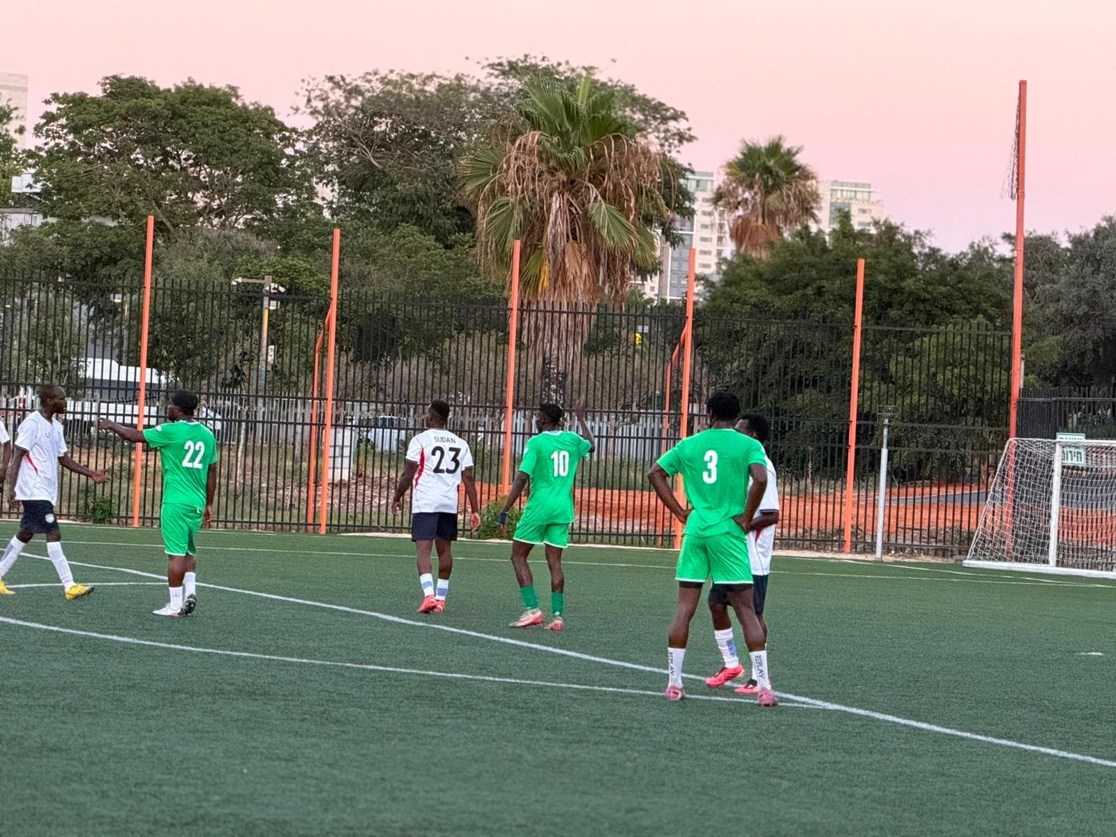 Players competing during a match as the sky turns pink at dusk.