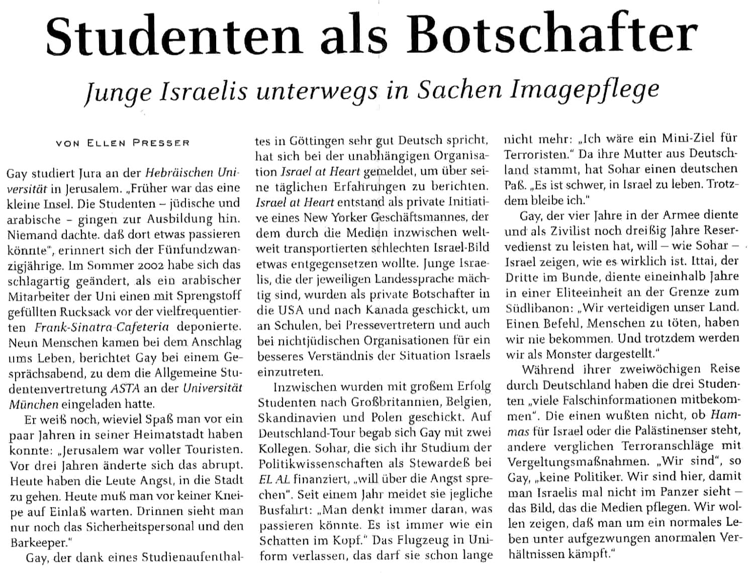 A German newspaper article headlined 'Studenten als Botschafter'.