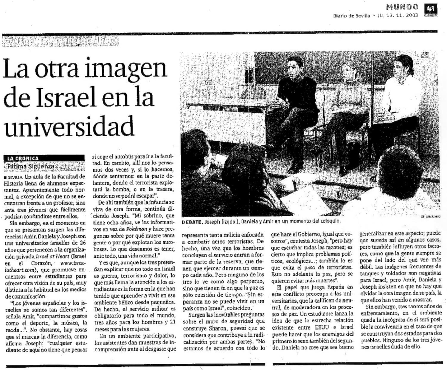 An article in Diario de Sevilla headlined 'La otra imagen de Israel en la universidad'.