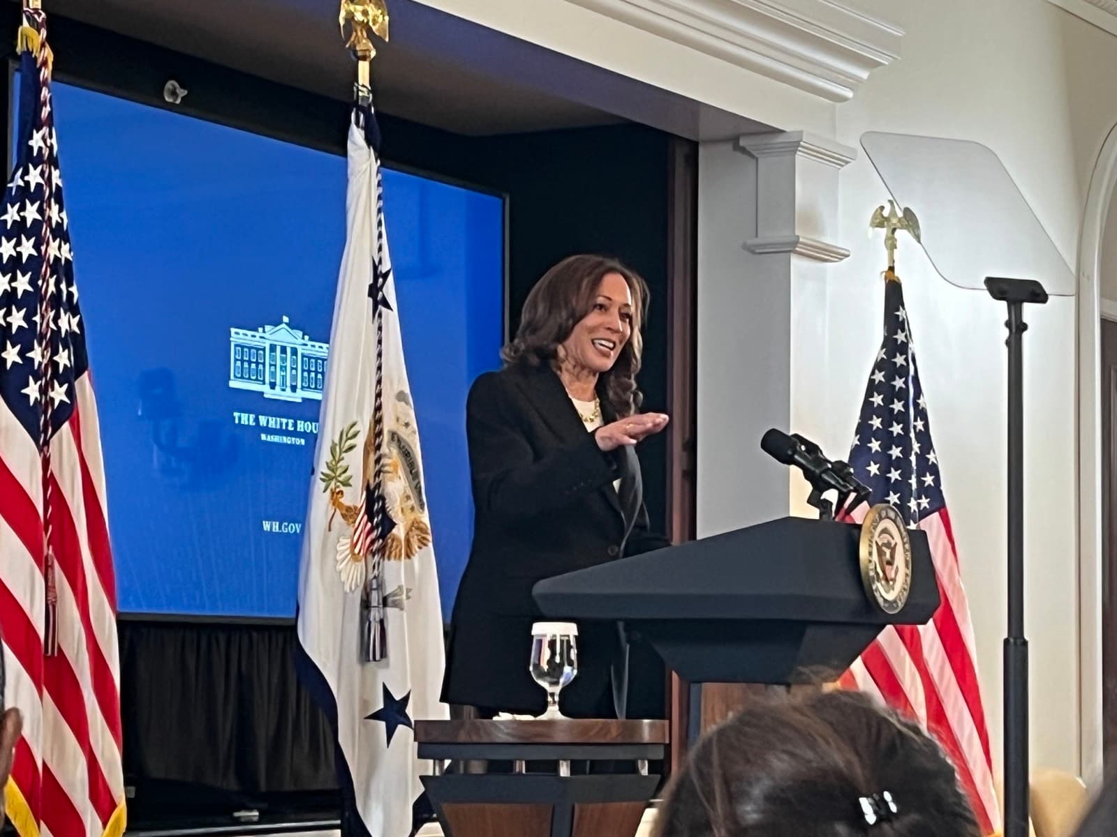 Vice President Kamala Harris at a podium with the seal of the Vice President of the United States, at the White House.